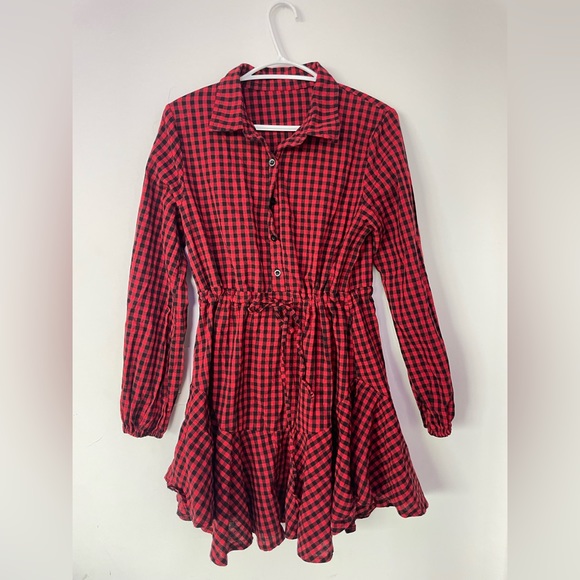 Gingham Drawstring Waist Ruffle Hem Shirt Dress - Picture 3 of 7